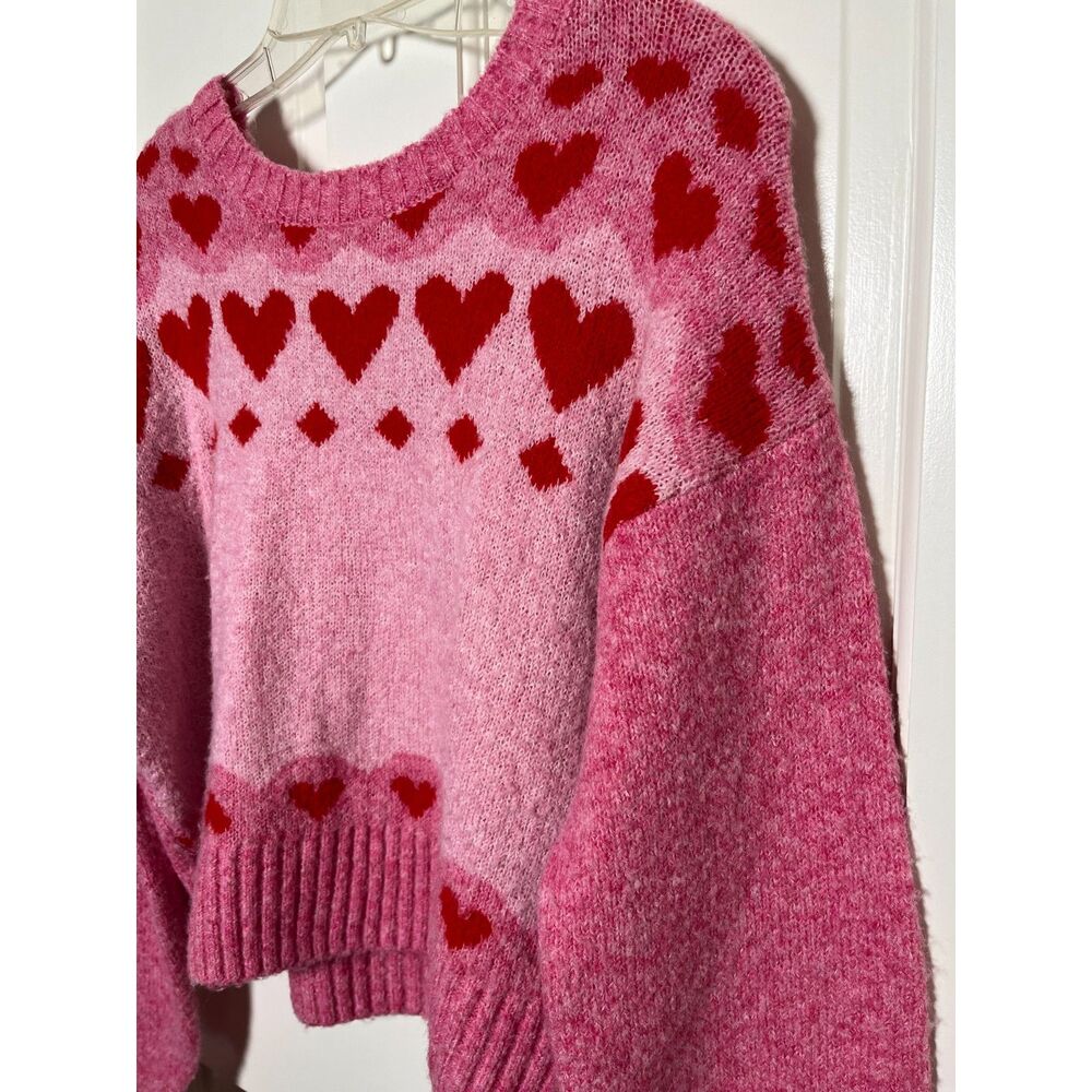 Jessica Simpson Heart Sweater L Pink Red Cropped Y2K Inspired Balloon Sleeve - Picture 4 of 8